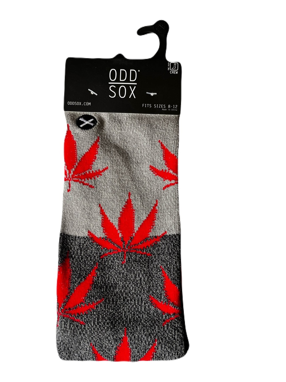 Odd Sox Men's Gray Crew Socks with Red Leaf Pattern